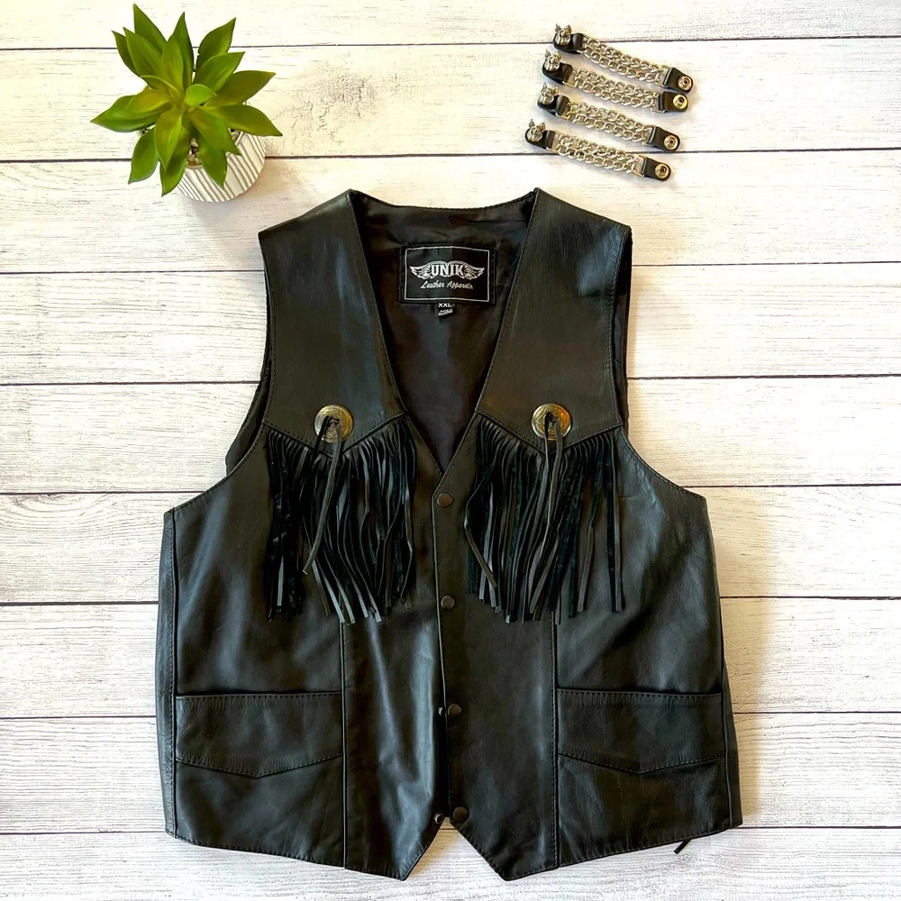 🌾 Vintage Fringe Leather‎ Vest with Chain Extensions